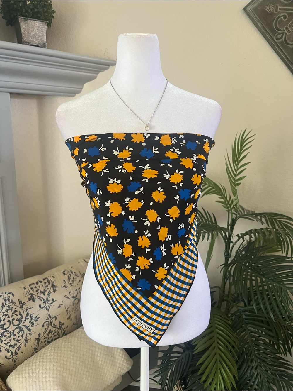 Vintage Givenchy Navy Floral & Yellow Gingham 100% Silk Scarf Italy